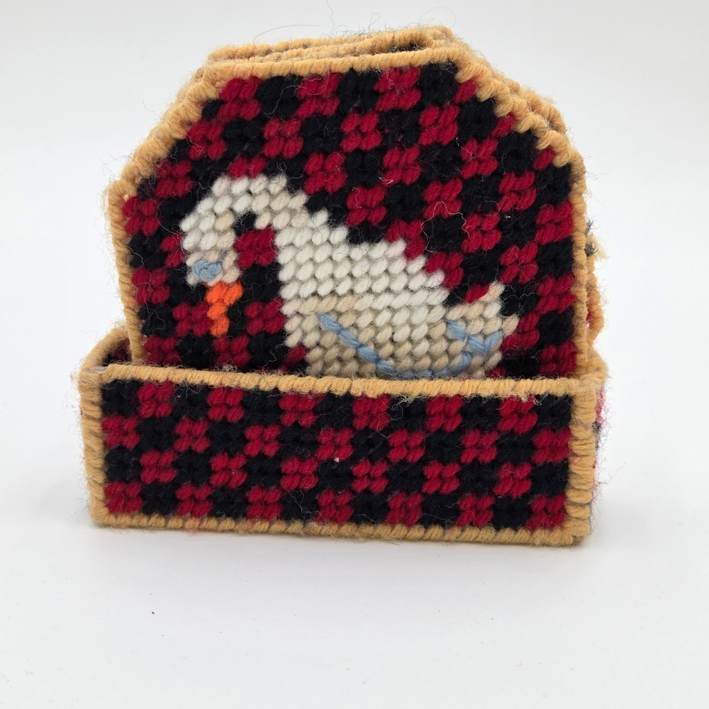 Vintage Needlepoint Plastic Canvas Goose Coaster Set w/ Holder Handmade Checker